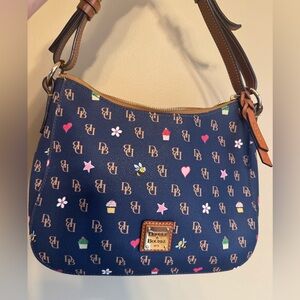 Dooney & Bourke - Kiley Hobo Coated Canvas Navy Blue Whimsical Print - EUC